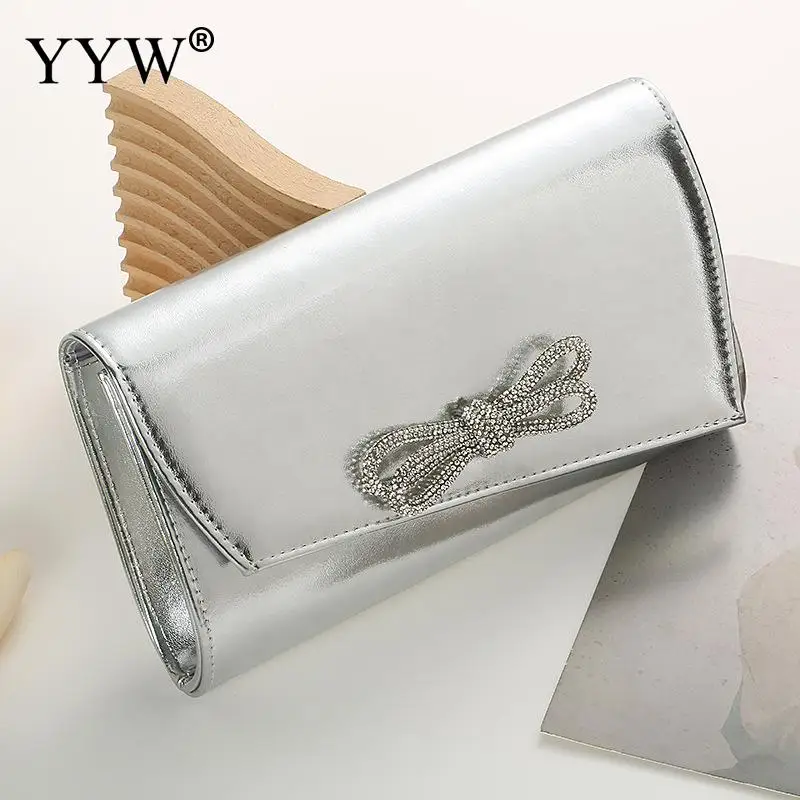 Luxury Designer Women Handbag Crystal Shiny Rhinestone Bow Evening Bag Dinner Party Silver Clutch Purse Shoulder Messenger Bag