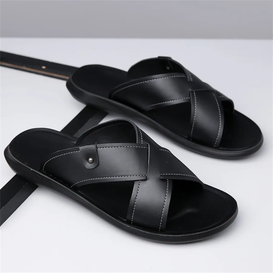 Summer Men Slippers Leather Slippers Casual Flat Men Non Slip Beach Slide Flip Flops Size48