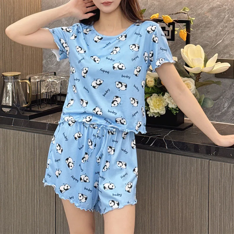 طقم بيجامات للنساء ملابس نوم مطبوعة بالفراولة قابلة للتنفس مريحة بأكمام قصيرة بلوزات وسراويل قصيرة بيجامة ملابس منزلية للسيدات