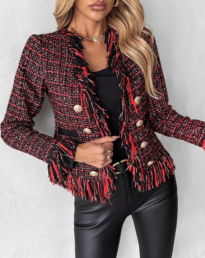 

2023 Red Short Tweed Jacket Women's Fashion Open Front Neck Long Sleeve Tassel Design Buttoned Tweed Casaual Simple Daily Coat