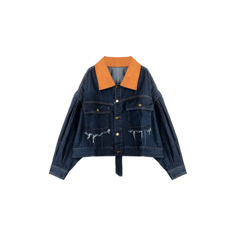 Winter Jacket Women 2022 Patchwork Turn-Down Collar Single-Breasted Button Pocket Ripped Denim Coat Loose Casual Oversize Coat