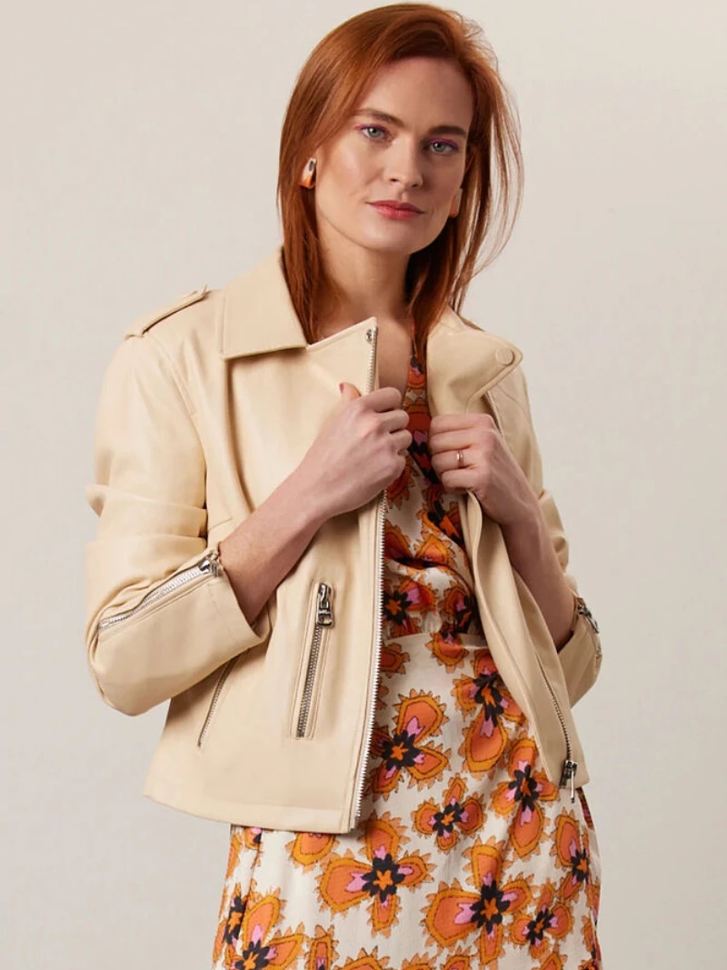 Women Leather Jacket Genuine Lambskin Moto Slim Fit Biker Beige Coat