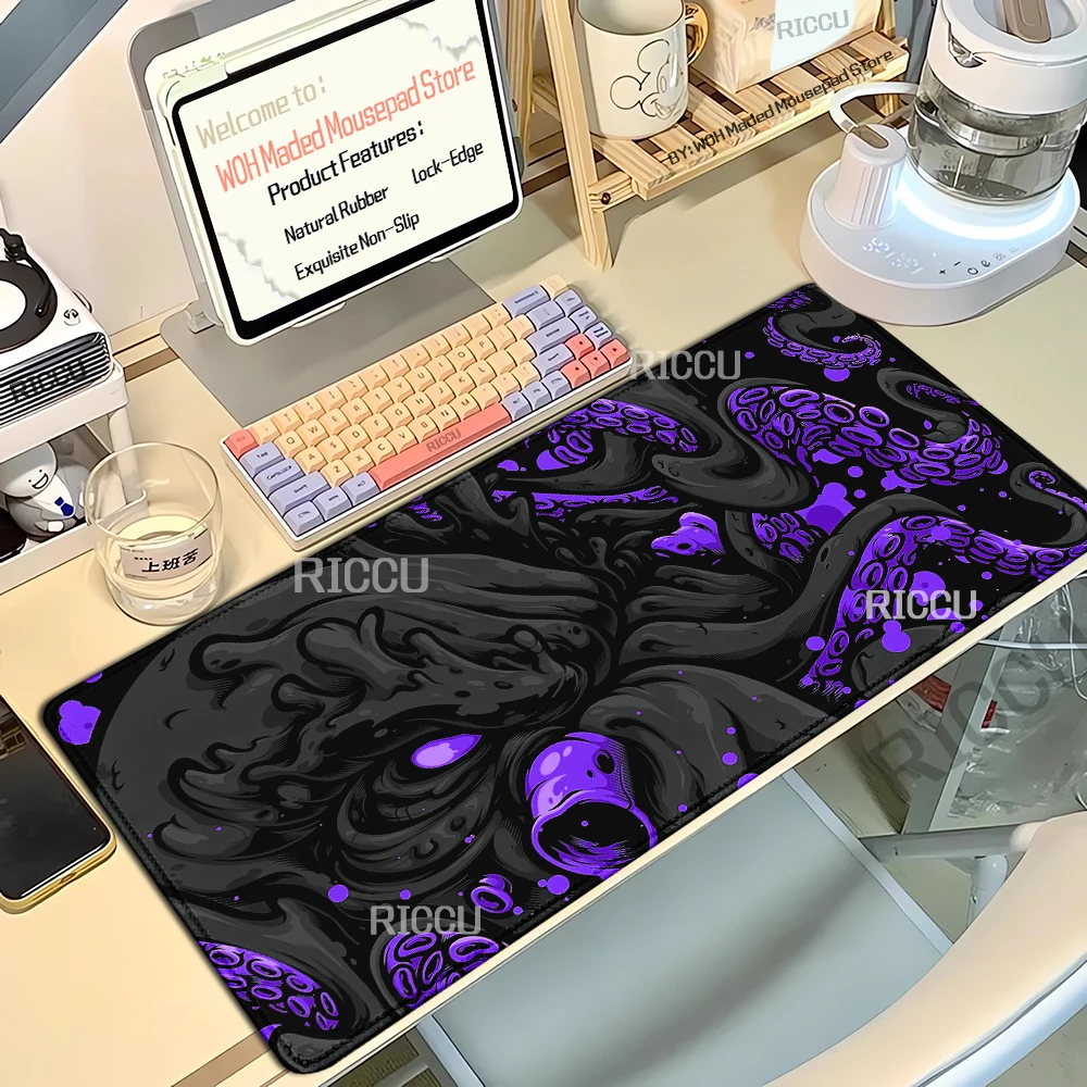Gaming-Mauspad Art Octopus, großes Mauspad, XXL-Mauspad mit Gummibasis, lila Schreibtischunterlage, schwarzes Mauspad, erweitertes Tischset, 900 x 400