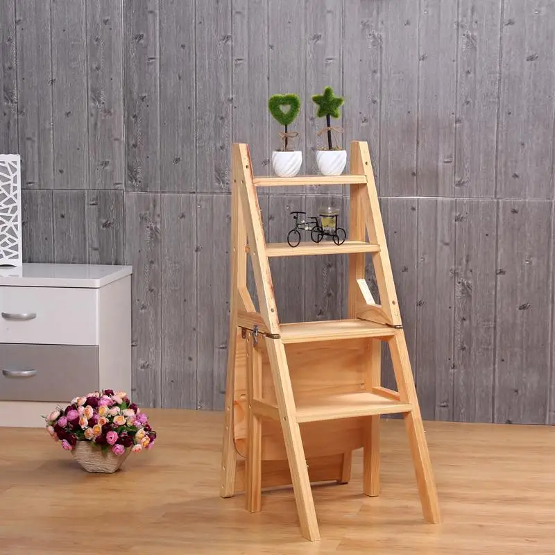 Solid Wood Deformable Four Step Ladder Indoor Multi functional