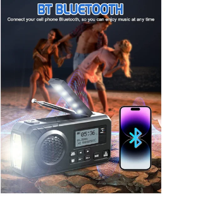 DAB+ Portable Hand Crank Radio Emergency Radio Solar Emergency Radio with BT FM SOS Alarm 5000 mAh Power Bank and reading lamp