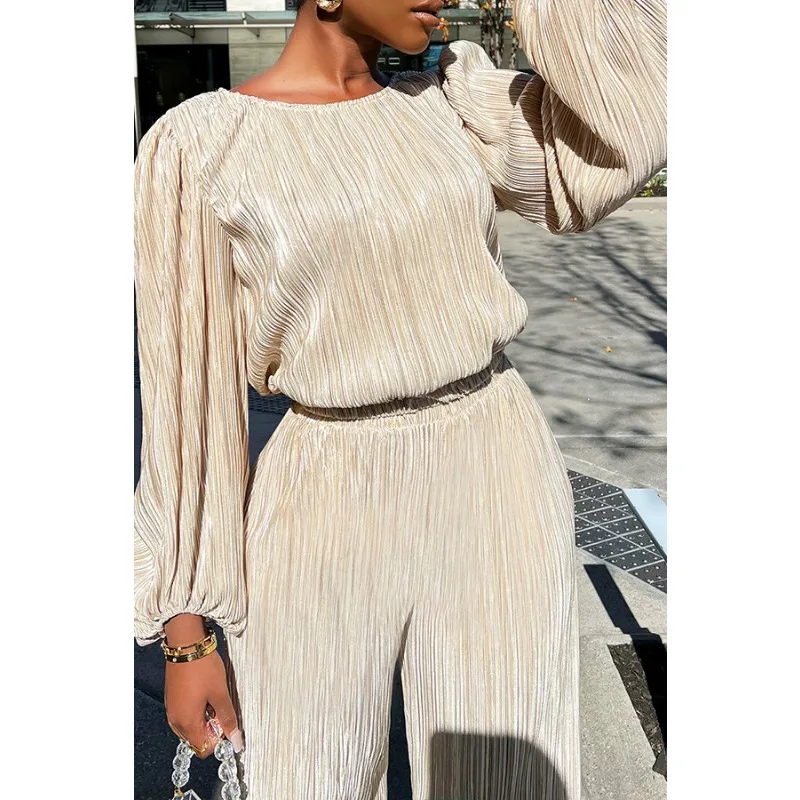 Casual Loose Pleated Two Piece Sets Women 2023 Autumn Soild High Strecth Long Sleeve Crew Neck Top Straight Pants Lounge Wear