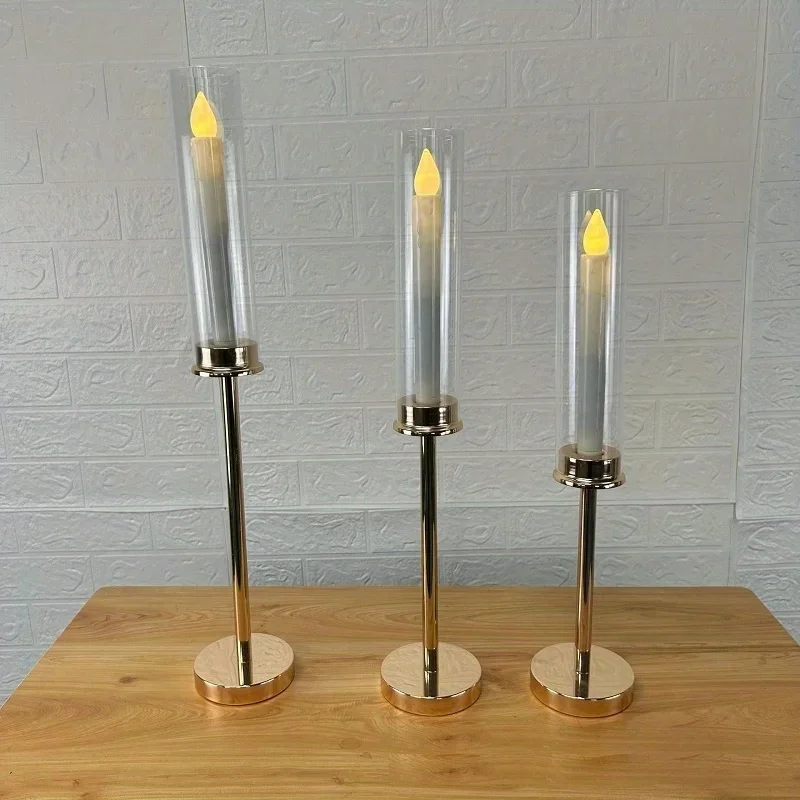 Description Picture 3 of item3Pcs,Gold Hurricane Candle Holder and Candles 3 Size Gold Acrylic Candlestick with Metal Cylinder Stand for Table Centerpiece