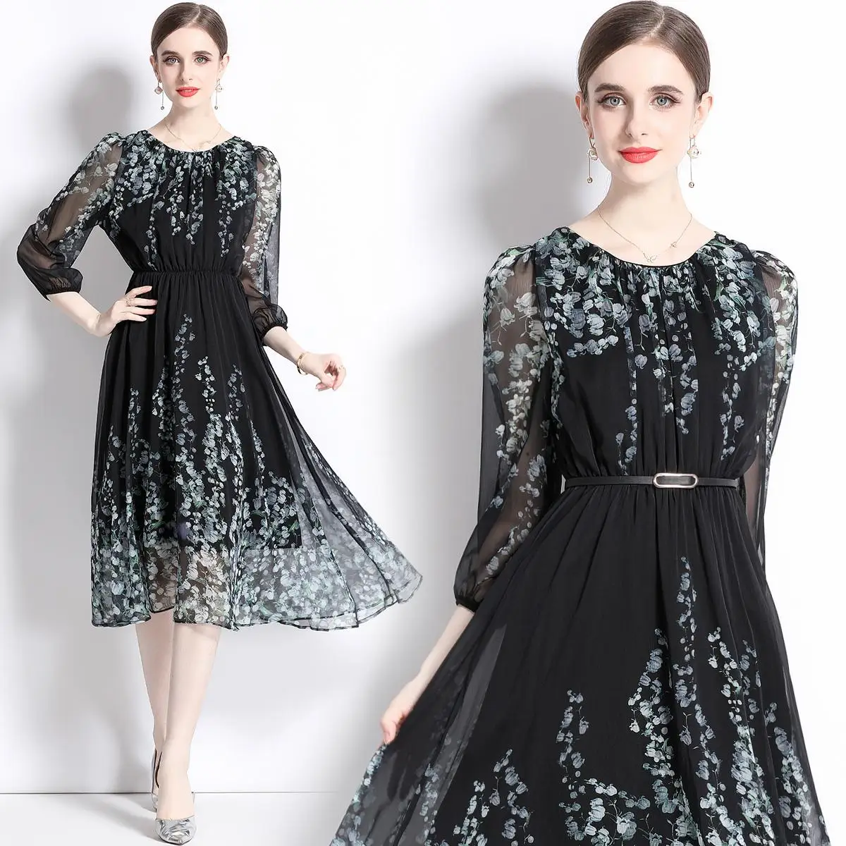 

Summer new temperament slim silk positioning printed chiffon dress A-word mid-length dress