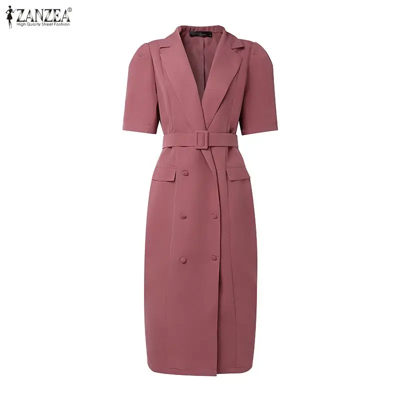 ZANZEA Elegant OL Office Lady Dresses Women Suit Collar Short Sleeve Midi Sundress 2026 Summer Casual Solid Vestidos Streetwear 4