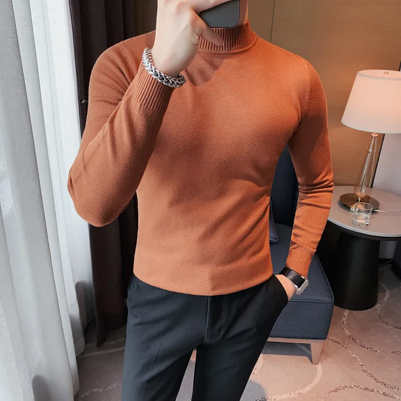 

13 Color Men's Turtleneck Sweater Autumn and Winter Boutique Solid Color Semi -high Collar Head Shirt Knitted Round Neck Sweater