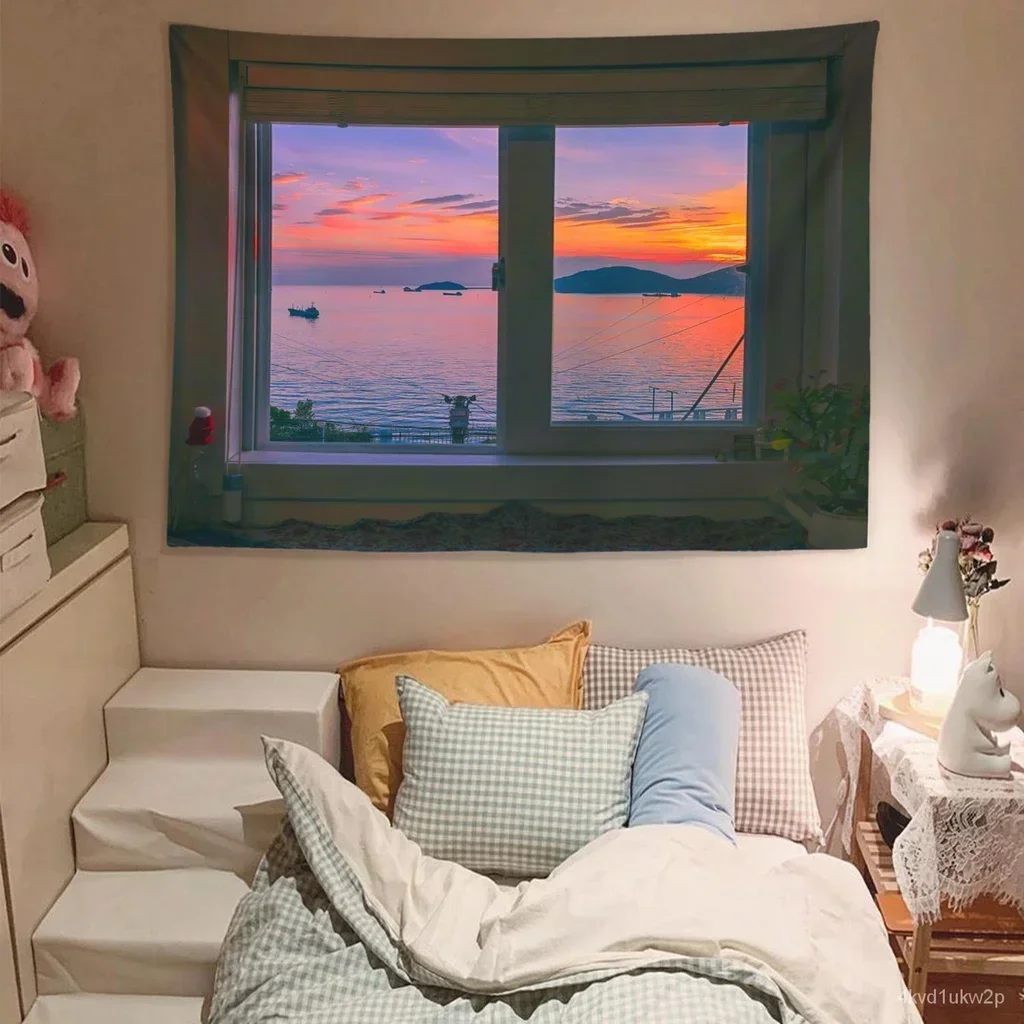thumbnail image 1 of Tapiz de decoración del hogar para colgar en la pared con vista al mar, fondo de ventana, Bouguer Fresh, tapiz para dormitorio, decoración de mesita de noche, 1 of 4