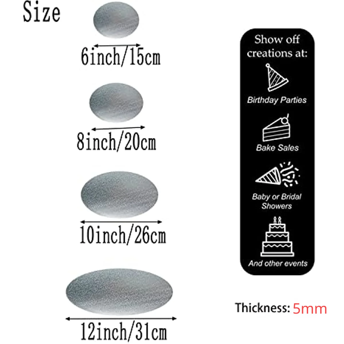 Round Cake Boards with Scraper, Silver Foil, Round Cake Circles, Base Cardboard, Reusable for Baking, 6,8,10,12Inch, 4Pack