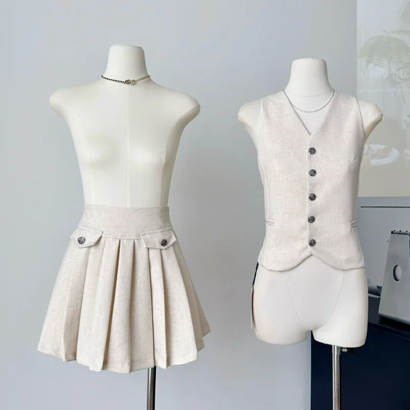 Spring Summer New Small Fragrance Vest Suit Women's Fashion Chic Sleeveless Top+ Pleated Pants Skirt Sweet French Two-piece Set