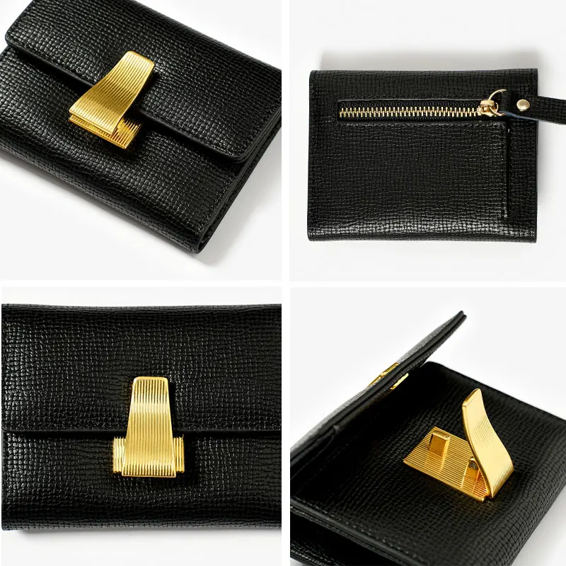 Women Money Clips Genuine Cow Leather Solid Color Buckle Latch Side Zipper Mini Wallet Ladies Purse