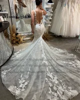 Moonlight Luxurious Mermaid Wedding Dresses V-Neck Button Sleeveless Lace Appliques Bridal Gown Vestido De Noiva Customized 2