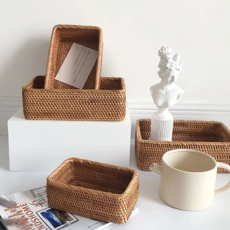 Hand-woven Rattan Wicker Basket Fruit Tea Snack Bread Basket Cosmetic Rectangular Storage Box Household Kitchen Supplies 3