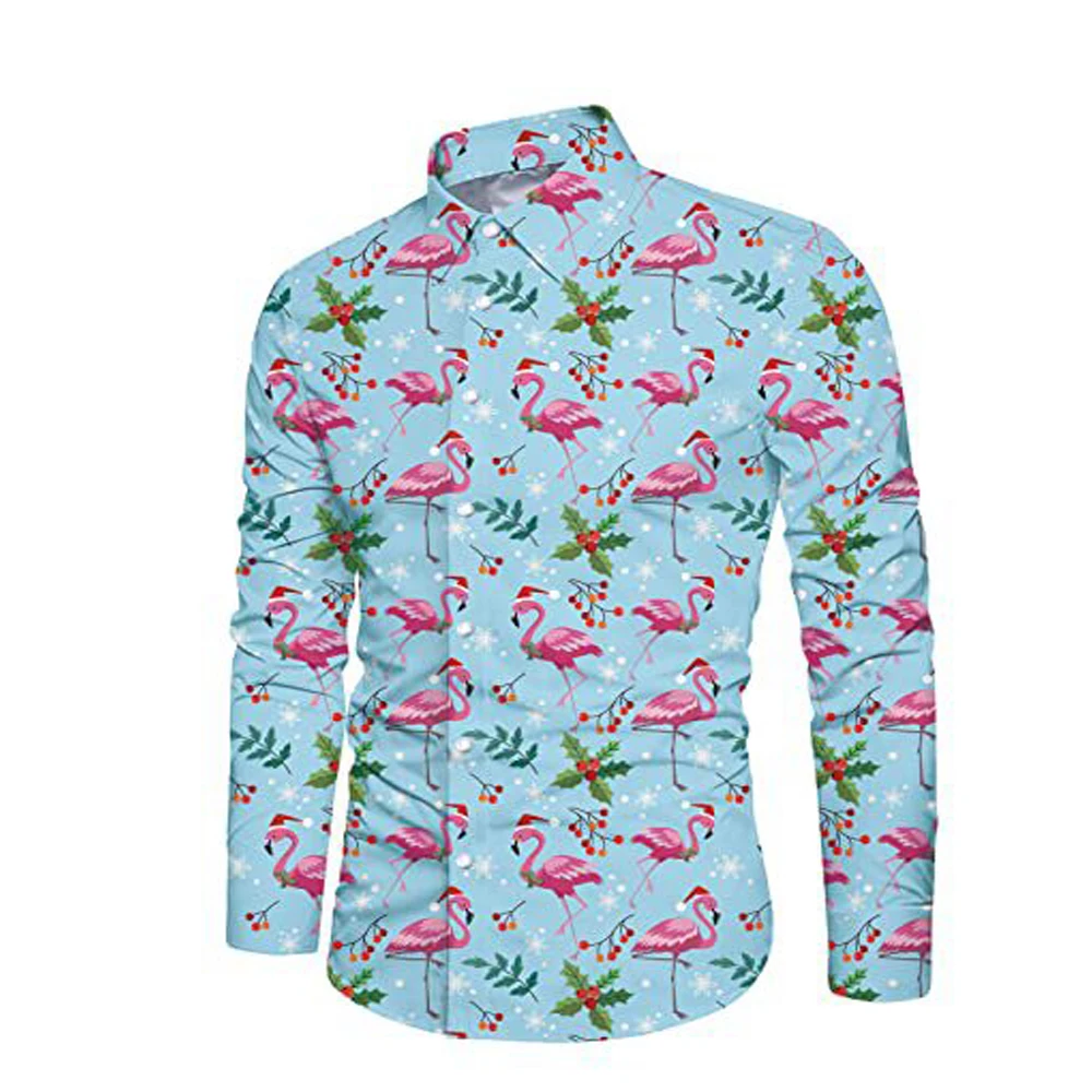 thumbnail image 1 of Camisas navideñas para hombre, camisas de manga larga con botones para fiesta de Papá Noel, camisas de calle para exteriores, camisa elástica de invierno con cuello vuelto, 1 of 5