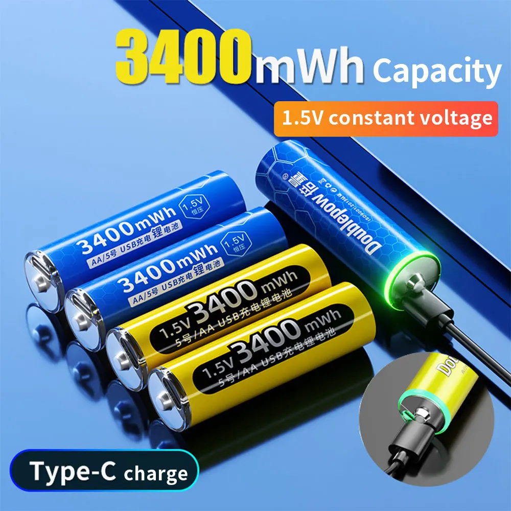 

Doublepow New1.5v USB AA rechargeable battery AA 3400mWh lithium batteries for Wireless Microphone Wireless Mouse+Type-C Cable