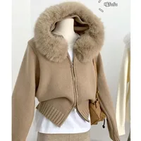 Women Cashmere Cardigan Hooded Sweater Autumn Winter Long Sleeve Zipper Outerwear Jacket With Faux Fox Fur Collar Y2k Knitwear 1