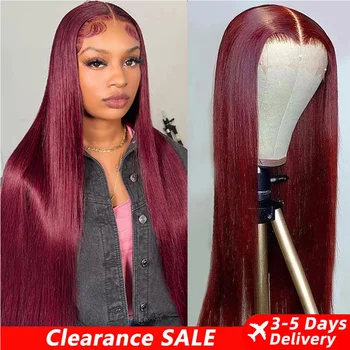 Parrucche di capelli umani 99J per donna, parrucche con frontale in pizzo HD 13x6, pre-strappate, colore bordeaux, capelli umani lisci, parrucche con frontale in pizzo.