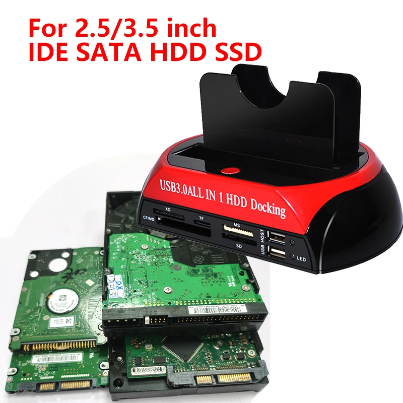 USB To IDE Sate With Power Supply SSD HDD Docking Station For 2.5 3.5 Inch IDE SATA Hard Drive Disk With Card Reader USB Ports