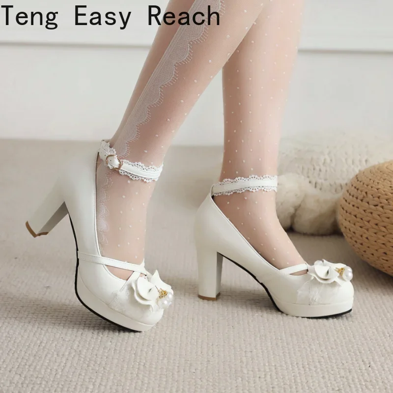 2024 Fashion JK Cute Sweet Lolita Platform Heels Black Pink Blue Bow Pearls Buckle Ankle Strap Pumps Wedding Bride Womens Shoes
