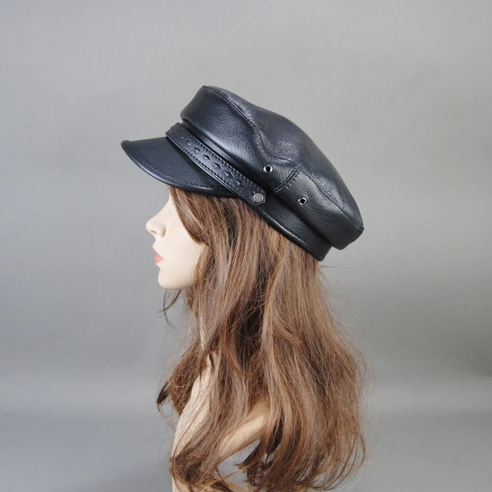 Winter Genuine Ladies 100% Cowhide Leather Baseball Women's Flat Cap Warm Army Military British Vintage Patrol Cadet Elegant Hat 5