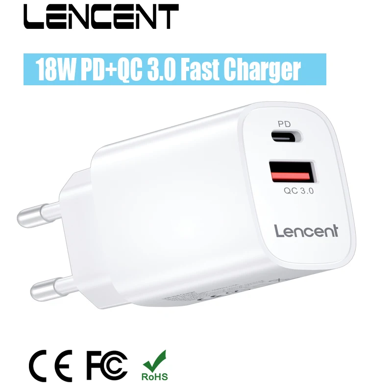 LENCENT PD 18W USB Charger Quick Charge QC 3.0 Fast Phone Wall Charger  Adapter For iPhone 12-8 Series iPad Pro Galaxy Huawei