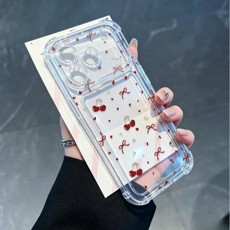 Charming Cherry Bow Print Soft Shockproof Transparent Silicone Case