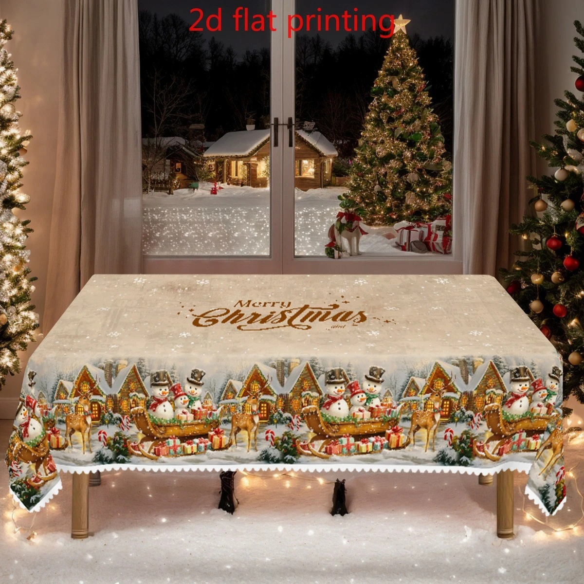 1pc Christmas Vintage Snowman Reindeer Sleigh Scene Tablecloth 2D Flat Printed Winter Holiday Dining Table Cover 5