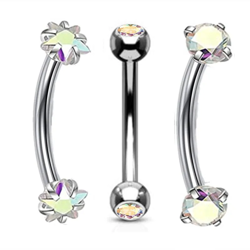 Elegant Heart Crystal Curved Barbell & CZ Star Eyebrow Ring Set - 3-Piece Collection