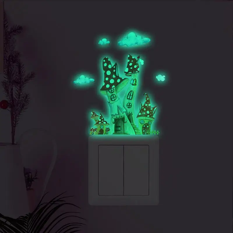 Glow In Dark Wall Stickers Mushroom House Fairy Beauty Stickers Glowing Fairy Mushroom Castle Decals Cartoon Kawaii For Girls