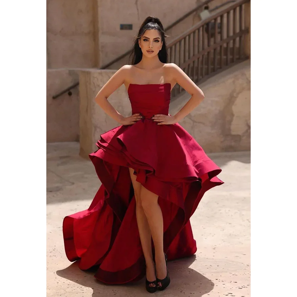 

Fashion Pleat High/Low Gowns Burgundy Evening Dresses Elegant Strapless Sleeveless Beach Cocktail Formal Party Prom Dresses
