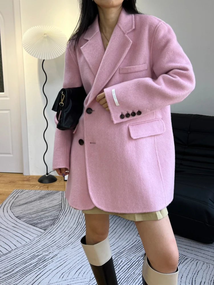 New Women Short Double-sided Wool Coat Fashion Rabbit Vlvet Coat Loose Woolen Coat Turn-down Collar Tweed Jacket Autumn Winter