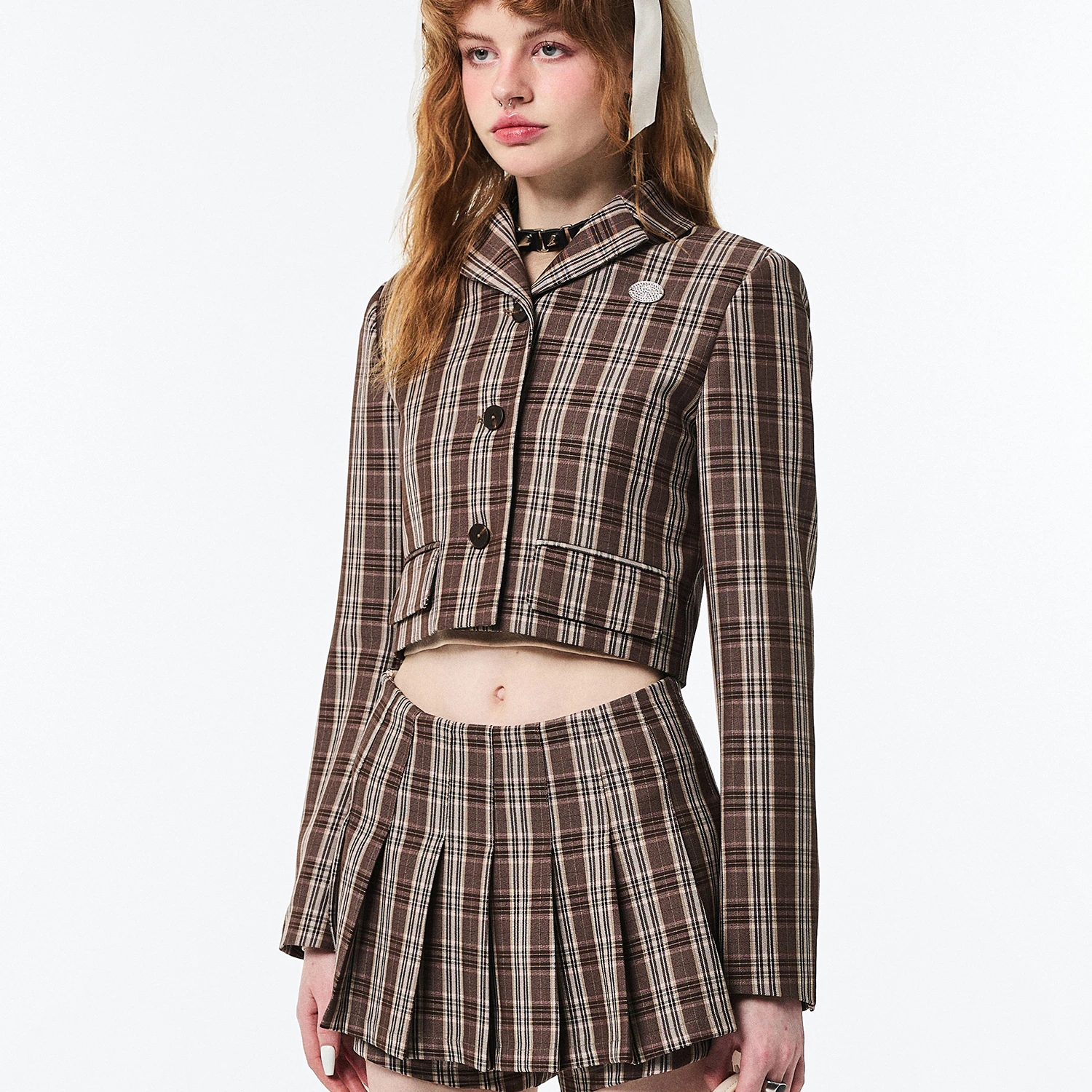 American Retro College Style Plaid Short British Style Suit Spring Slim-Fit Hot Girl Exposed Navel Easy Matching Coat uniqlo miffy airism easy short pants e