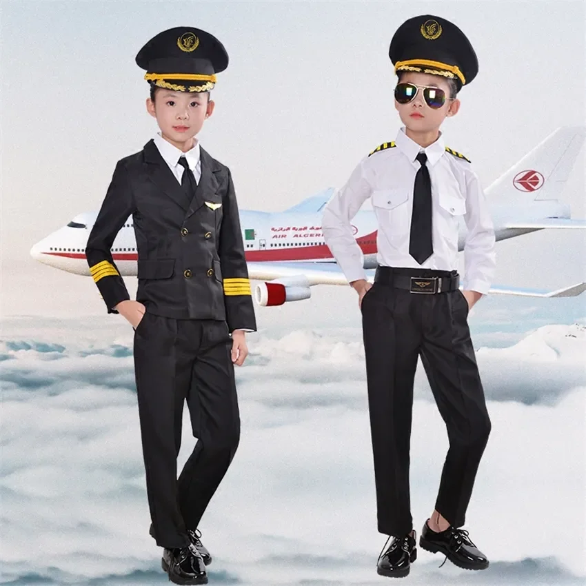 어린이 항공기 코스프레 코스튬 할로윈 파티 스튜어디스 정장, 멋진 파일럿 유니폼, 소녀 공연 의류 세트, 90-160cm