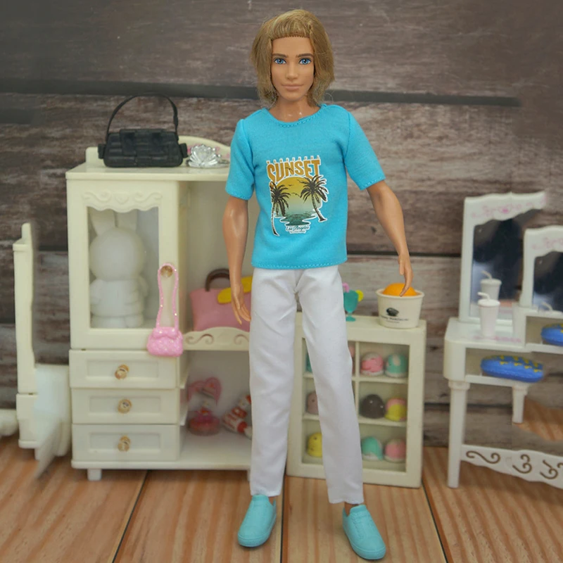 Blue 1/6 Set Di Vestiti Per Bambole Per Ken Boy Doll Outfit Sunset Coconut Tree T-Shirt Pantaloni Bianchi Per Barbie Boyfriend Ken Accessori