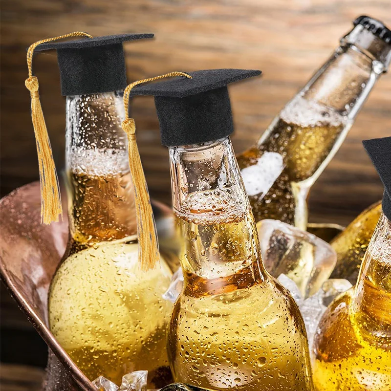 5/10pcs Mini Graduation Cap with Tassel Plush Toy Wine Bottle DIY Gift Decoration Felt Bachelor Hat 2025 Graduation Party Supply