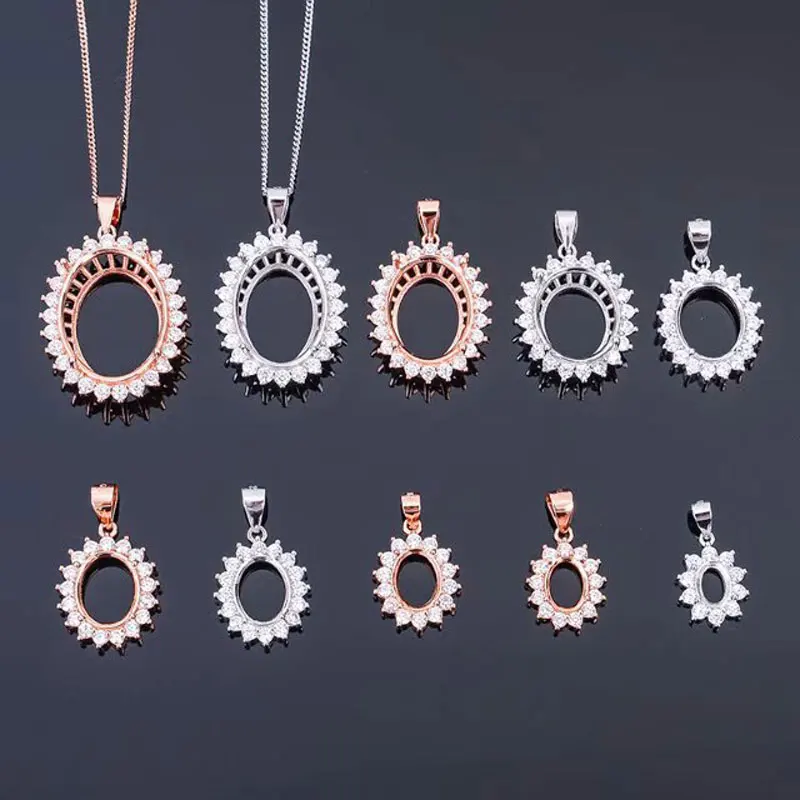Classic Gemstone Pendant Setting 925 Silver Jewelry DIY Supplier Keep Shining 3 Layers 18K White Gold Plated Oval Pendant Tray pendant necklace silver pendant
