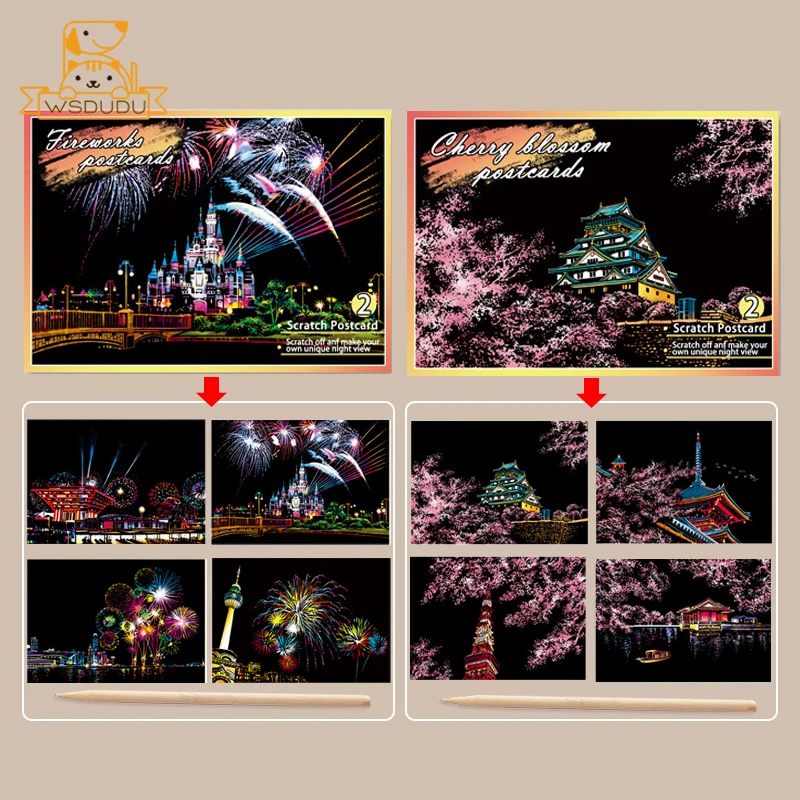 Scratch Art Postcards Set - World Landmarks Night Scene with Stylus - DIY Travel-Themed Crafts and Gifts