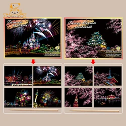 Scratch Art Postcards Set - World Landmarks Night Scene with Stylus - DIY Travel - Themed Crafts and Gifts (Cherry Blossoms)