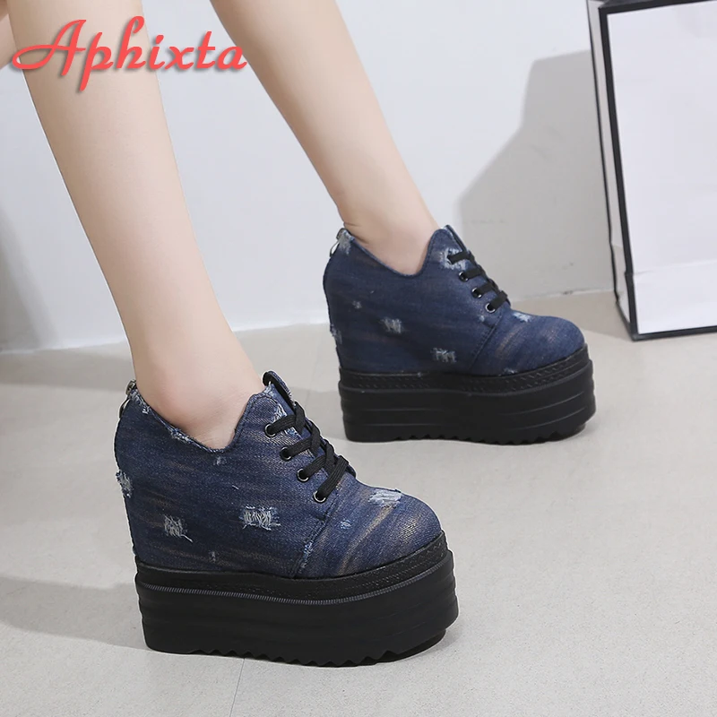 Aphixta Blue Denim Upper Platform Ankle Boot Height Increasing Women Back Zip Shoes Thick Botton Sole Lace Up botas mujer