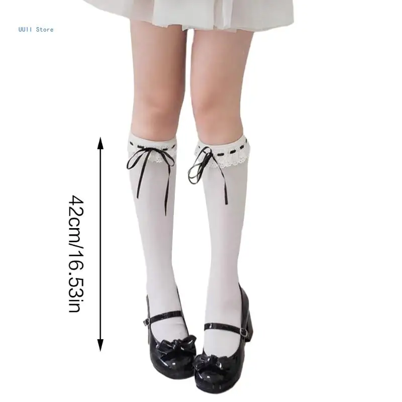 Womens Lace Trims Sweet Calf Socks White Knee High Cotton Socks Sexy Stockings