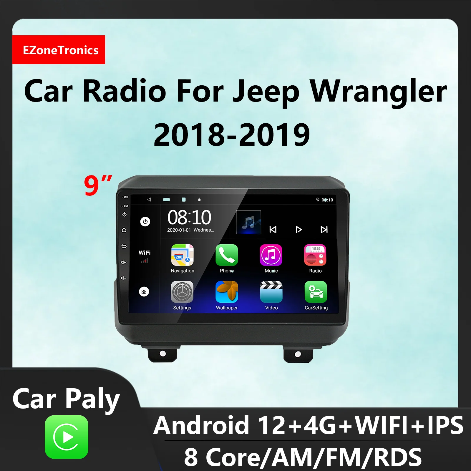 EzoneTronics CarPlay Android Auto Android12 CarRadio for Jeep Wrangler-360&deg;Camera Multimedia Stereo Player Navigation