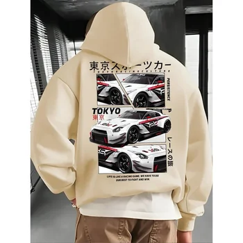 سترة بقلنسوة مطبوعة عصرية عالية الجودة لعام 2025، تصميم سباق، سويت شيرت رياضي مريح كلاسيكي فضفاض.