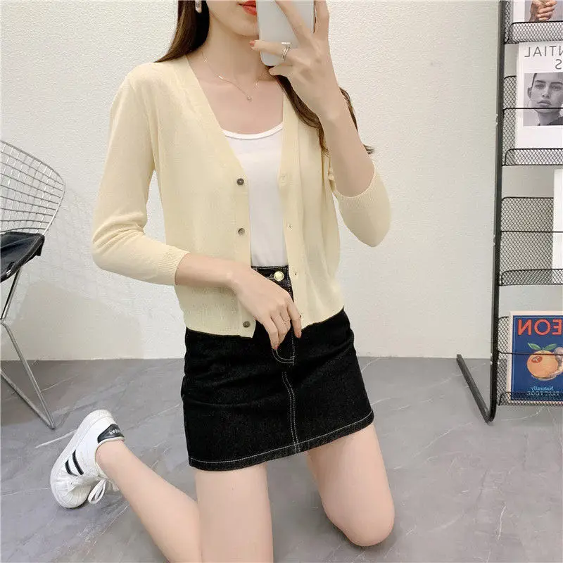Spring/Summer Ice Linen Knitted Split Sleeve Cardigan Women's Versatile Office Air Conditioning Shirt Fashion Sunscreen Top