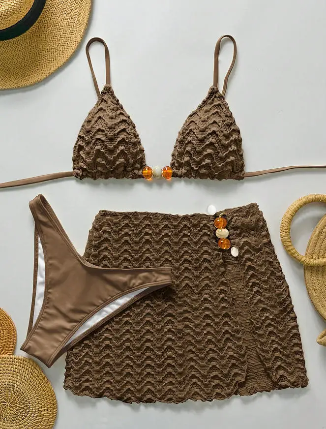 Sexy Bikini Set Women Halter Push Up Bra Skirt 3 Piece Swimsuit Bathing Suit Cover Up Thong Swimwear Biquini Купальник Женский