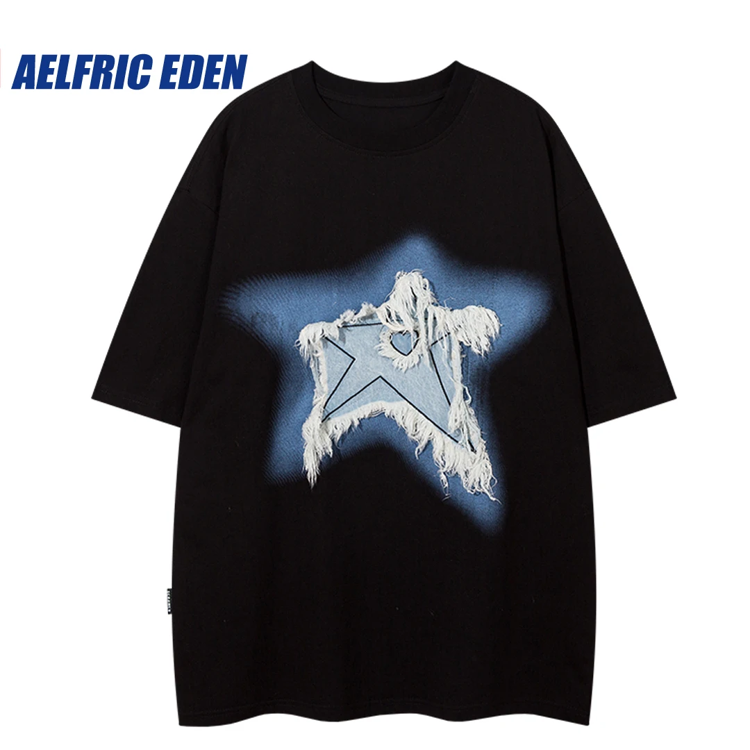 Aelfric Eden Denim Patchwork Star Tshirt 2023 Men Hip Hop