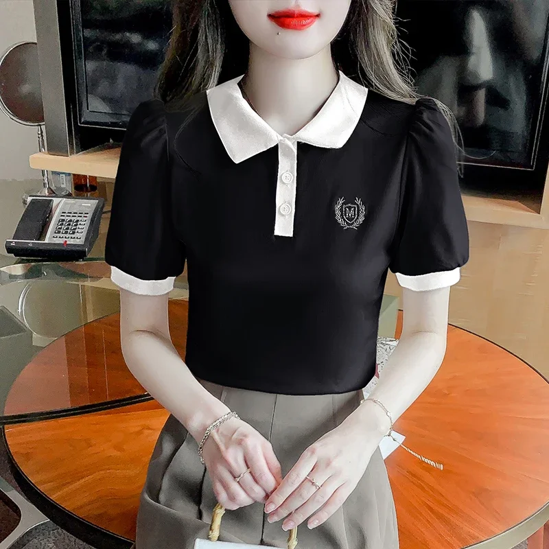 Contrast polo neck puff sleeve T-shirt women's summer