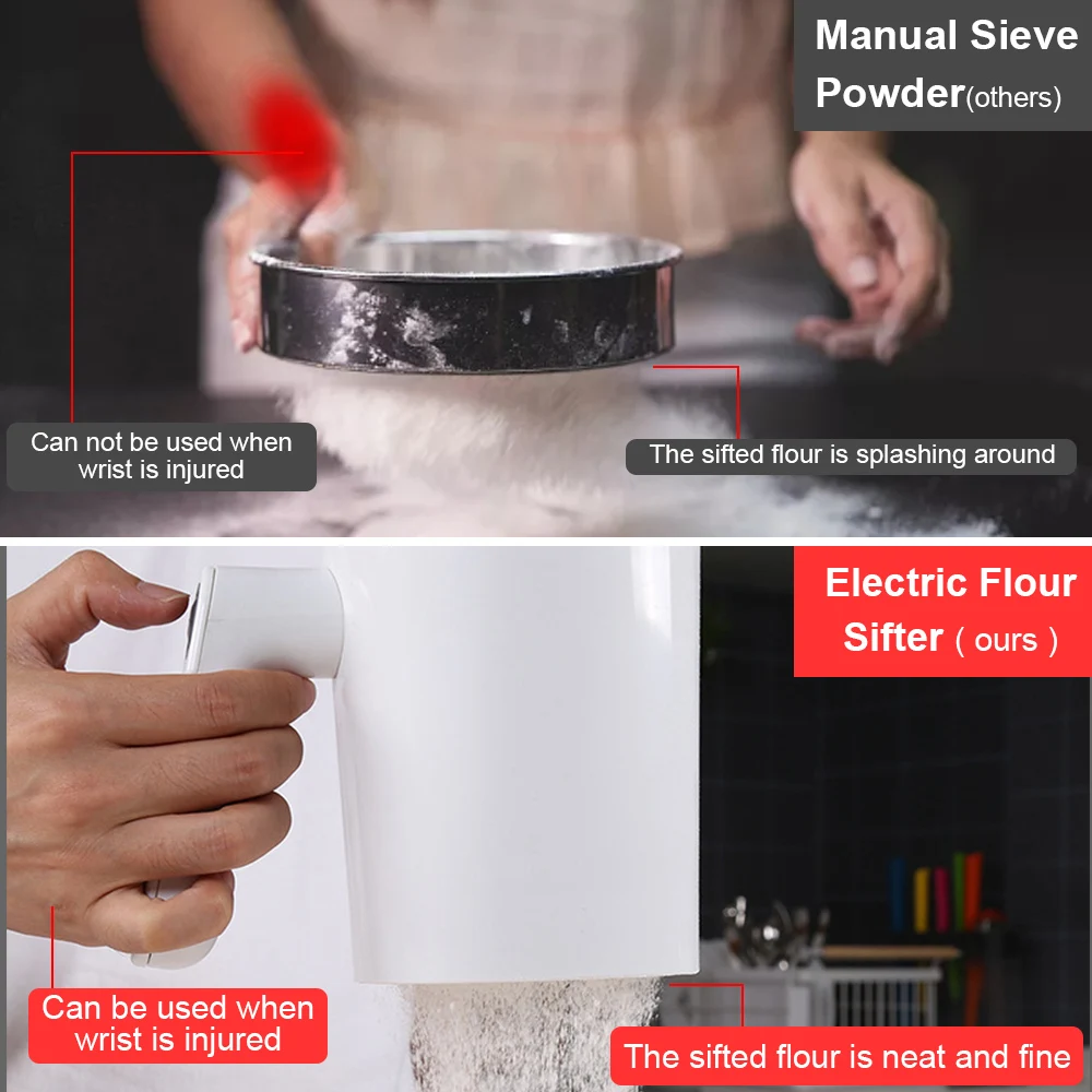 Flour Sifter Powder Sieve Kitchen Pastry Cake Tool Icing Sugar Powder Flour Sifter Screen 1Liter Stainless Steel Handheld Electric